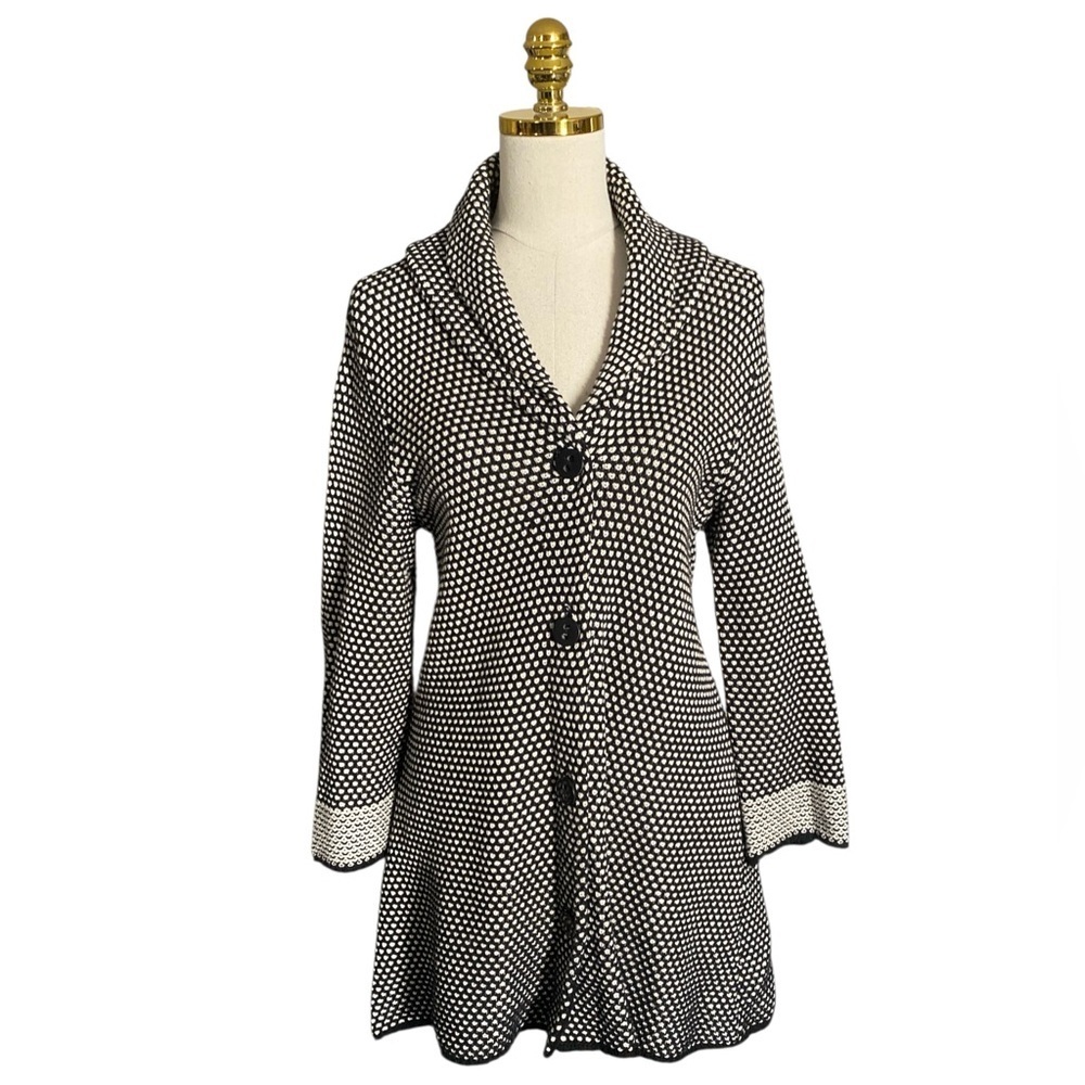 Habitat Women Black/White Woven Shawl Neck Long Sleeve Longline Cardigan Small